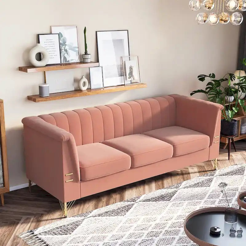 Divano Chesterfield in velluto da 210 cm – Cuscini a molla ad alto rimbalzo, gambe in metallo dorato, borse seduta rimovibili