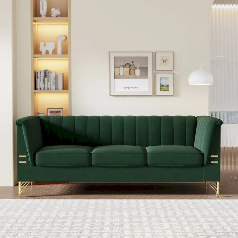 Divano Chesterfield in velluto da 210 cm – Cuscini a molla ad alto rimbalzo, gambe in metallo dorato, borse seduta rimovibili
