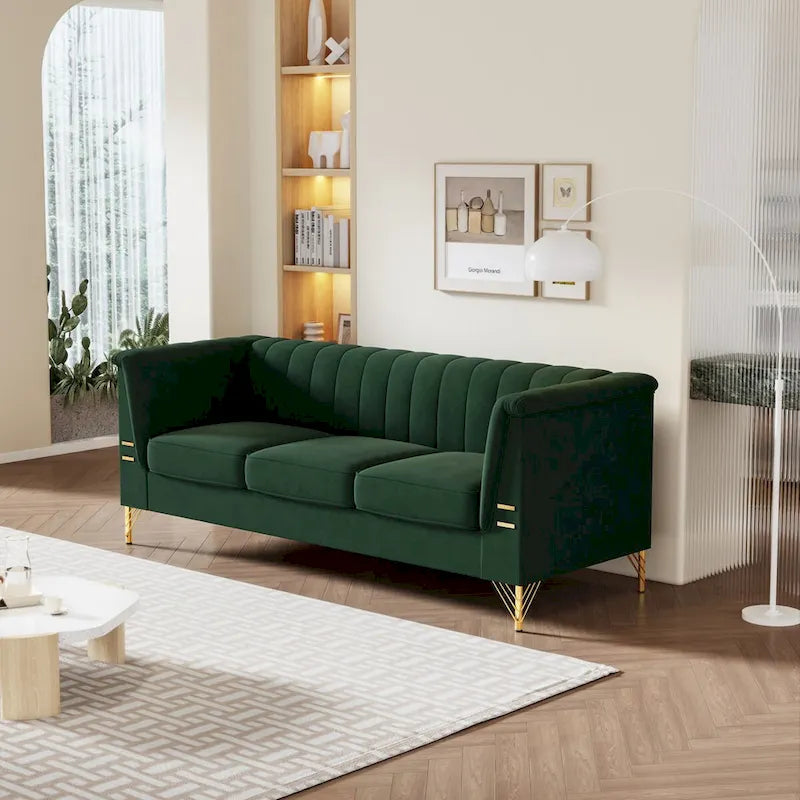 Divano Chesterfield in velluto da 210 cm – Cuscini a molla ad alto rimbalzo, gambe in metallo dorato, borse seduta rimovibili