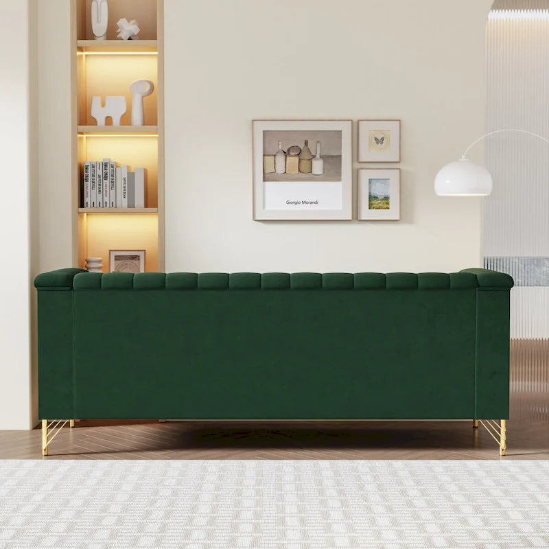 Divano Chesterfield in velluto da 210 cm – Cuscini a molla ad alto rimbalzo, gambe in metallo dorato, borse seduta rimovibili