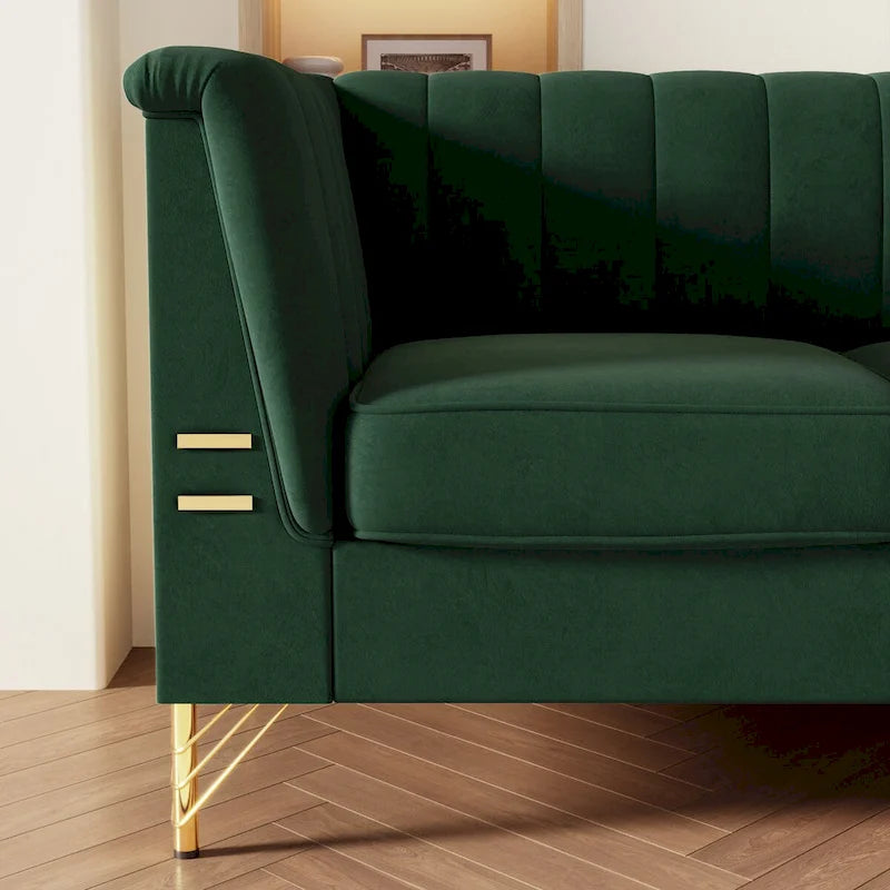 Divano Chesterfield in velluto da 210 cm – Cuscini a molla ad alto rimbalzo, gambe in metallo dorato, borse seduta rimovibili