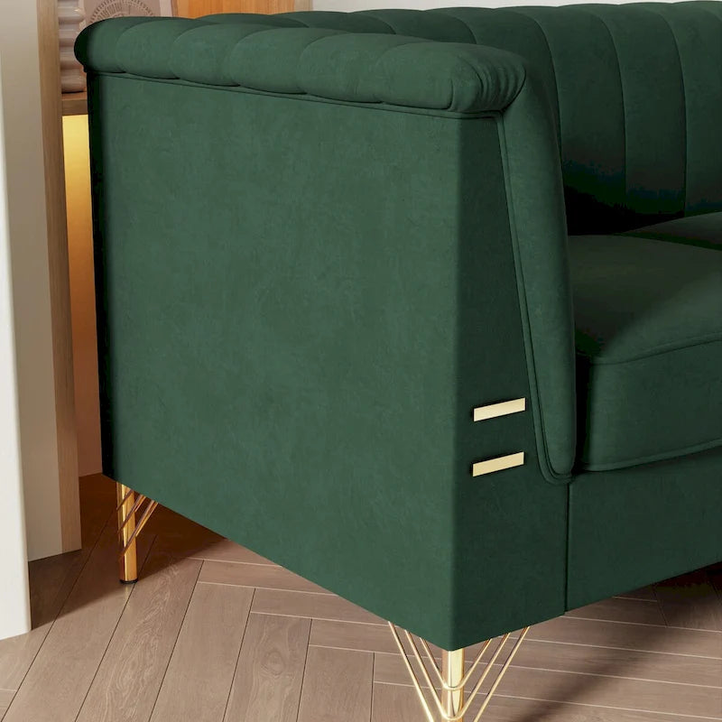 Divano Chesterfield in velluto da 210 cm – Cuscini a molla ad alto rimbalzo, gambe in metallo dorato, borse seduta rimovibili