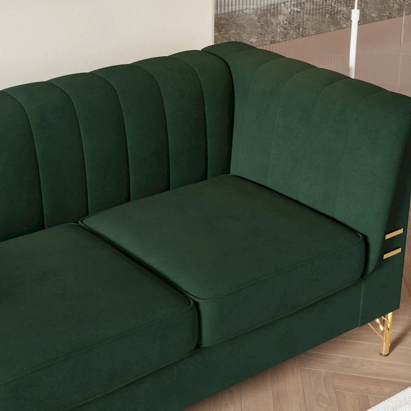 Divano Chesterfield in velluto da 210 cm – Cuscini a molla ad alto rimbalzo, gambe in metallo dorato, borse seduta rimovibili