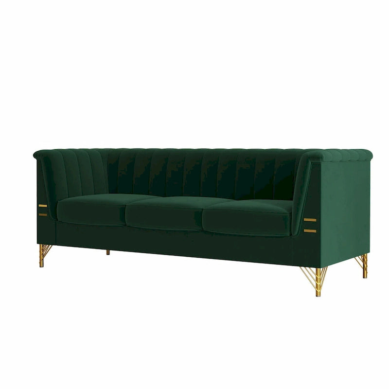 Divano Chesterfield in velluto da 210 cm – Cuscini a molla ad alto rimbalzo, gambe in metallo dorato, borse seduta rimovibili