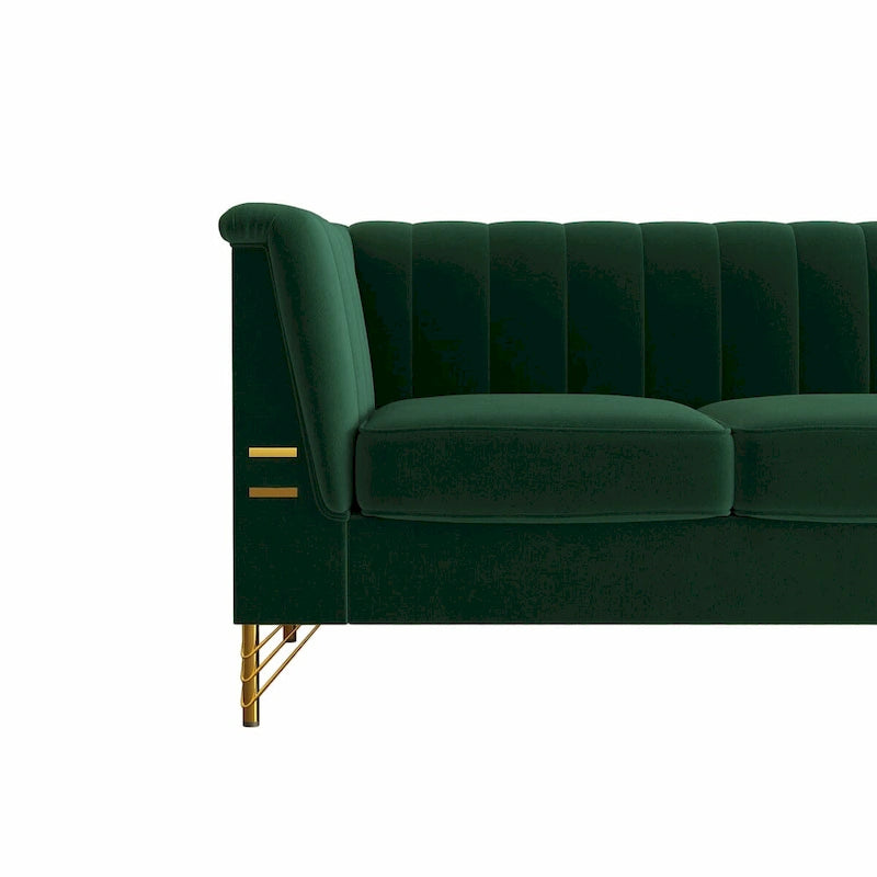 Divano Chesterfield in velluto da 210 cm – Cuscini a molla ad alto rimbalzo, gambe in metallo dorato, borse seduta rimovibili