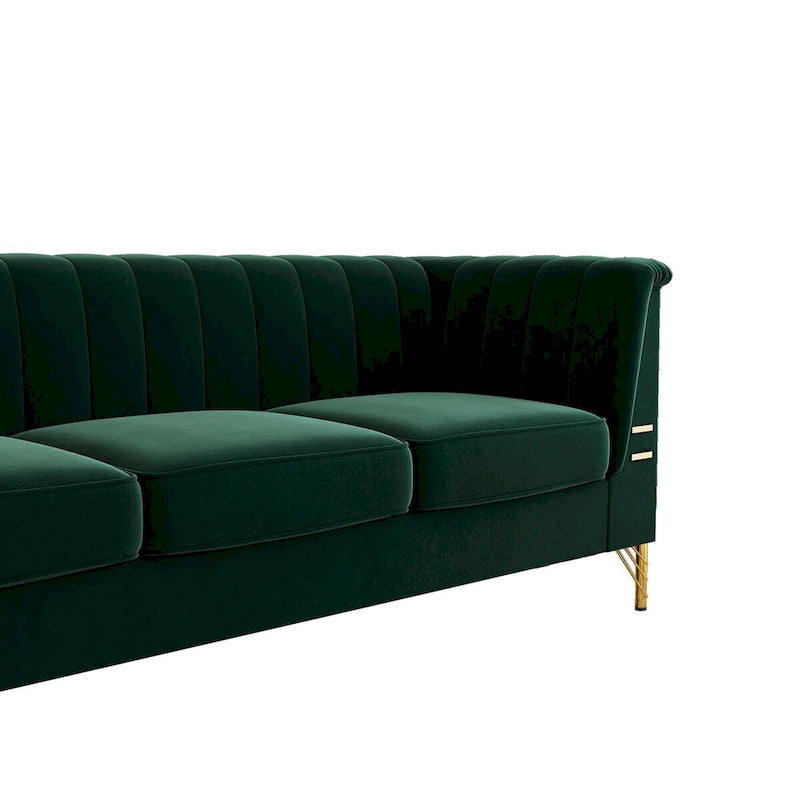 Divano Chesterfield in velluto da 210 cm – Cuscini a molla ad alto rimbalzo, gambe in metallo dorato, borse seduta rimovibili