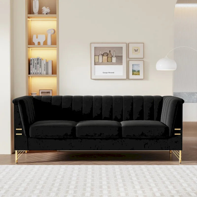 Divano Chesterfield in velluto da 210 cm – Cuscini a molla ad alto rimbalzo, gambe in metallo dorato, borse seduta rimovibili