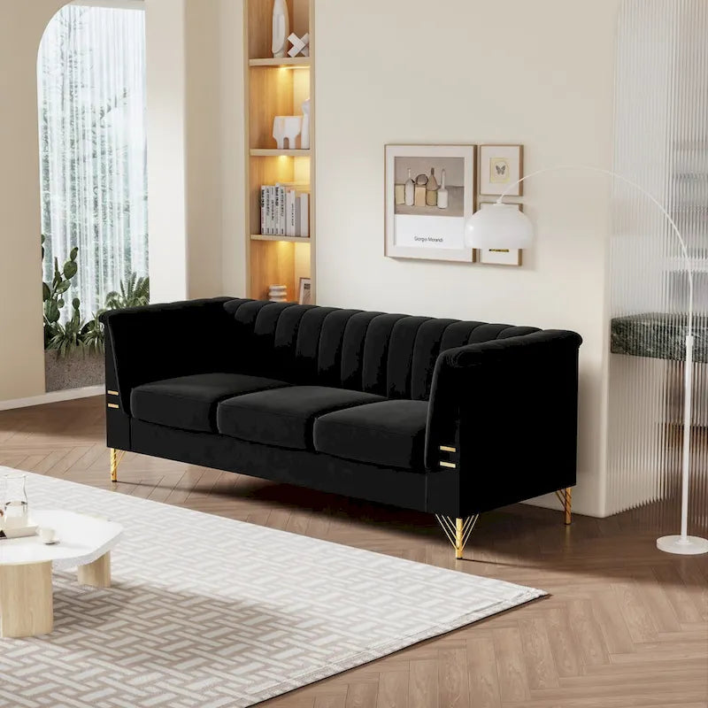 Divano Chesterfield in velluto da 210 cm – Cuscini a molla ad alto rimbalzo, gambe in metallo dorato, borse seduta rimovibili