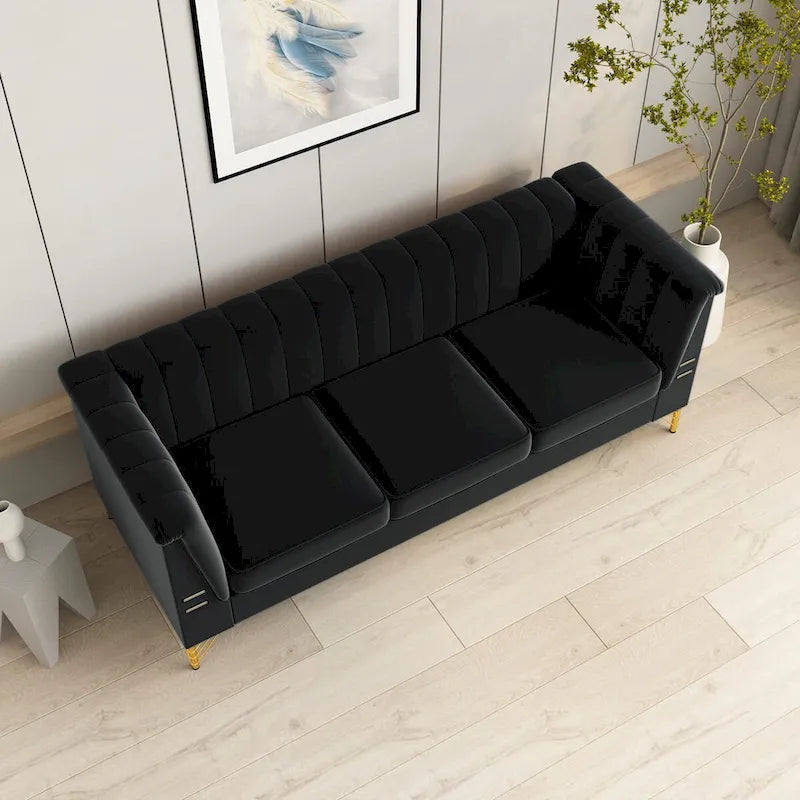 Divano Chesterfield in velluto da 210 cm – Cuscini a molla ad alto rimbalzo, gambe in metallo dorato, borse seduta rimovibili