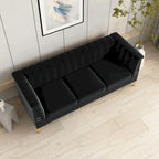 Divano Chesterfield in velluto da 210 cm – Cuscini a molla ad alto rimbalzo, gambe in metallo dorato, borse seduta rimovibili