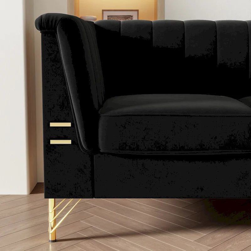 Divano Chesterfield in velluto da 210 cm – Cuscini a molla ad alto rimbalzo, gambe in metallo dorato, borse seduta rimovibili