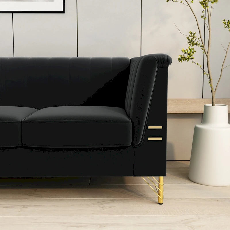 Divano Chesterfield in velluto da 210 cm – Cuscini a molla ad alto rimbalzo, gambe in metallo dorato, borse seduta rimovibili