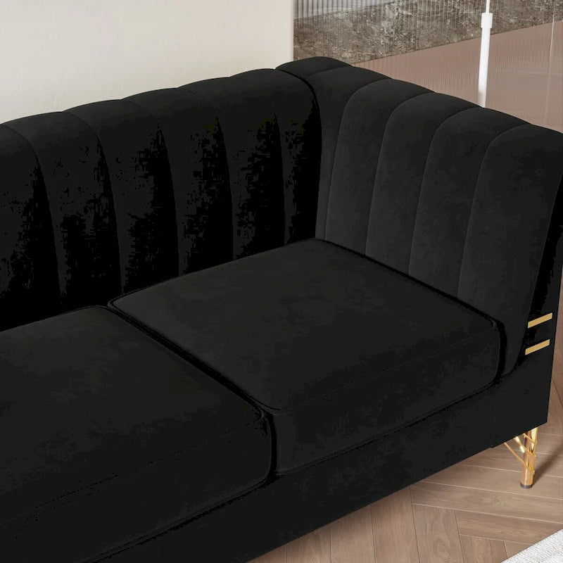 Divano Chesterfield in velluto da 210 cm – Cuscini a molla ad alto rimbalzo, gambe in metallo dorato, borse seduta rimovibili