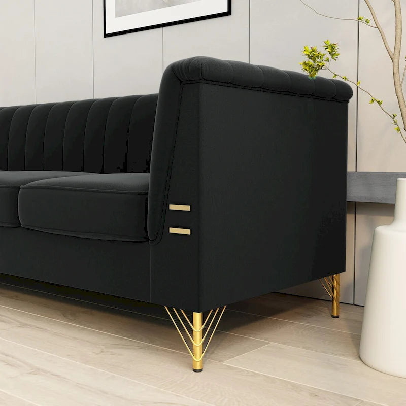 Divano Chesterfield in velluto da 210 cm – Cuscini a molla ad alto rimbalzo, gambe in metallo dorato, borse seduta rimovibili