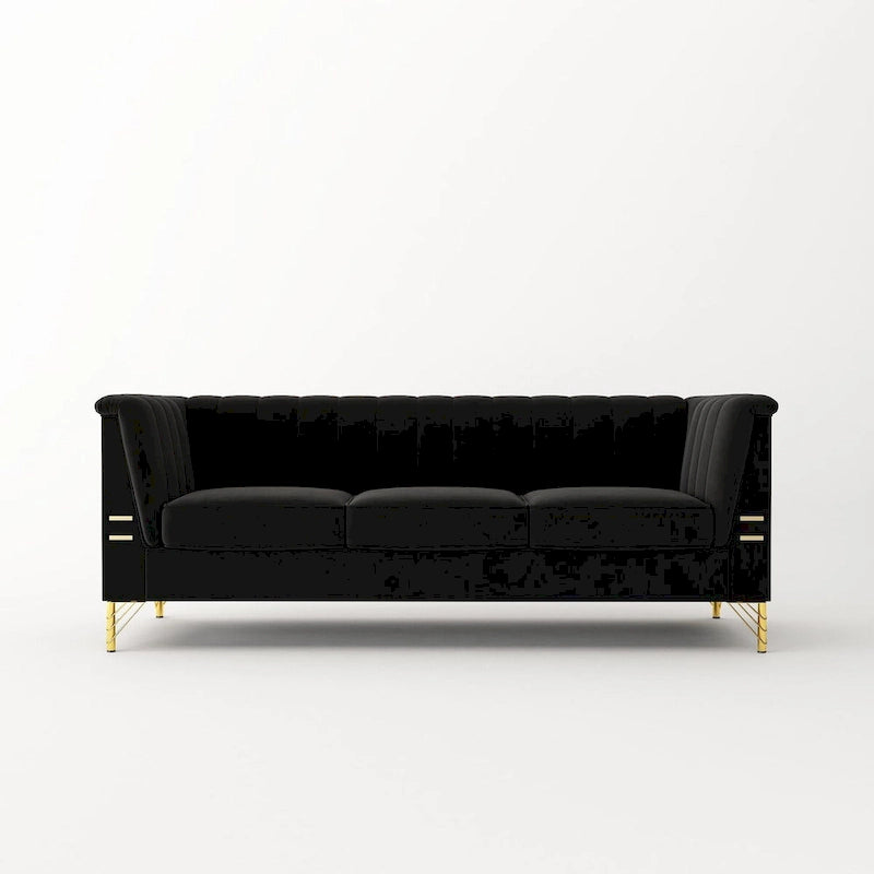 Divano Chesterfield in velluto da 210 cm – Cuscini a molla ad alto rimbalzo, gambe in metallo dorato, borse seduta rimovibili