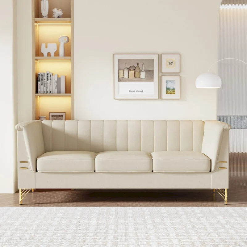 Divano Chesterfield in velluto da 210 cm – Cuscini a molla ad alto rimbalzo, gambe in metallo dorato, borse seduta rimovibili