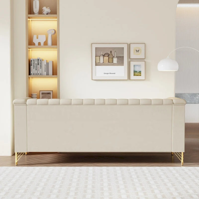 Divano Chesterfield in velluto da 210 cm – Cuscini a molla ad alto rimbalzo, gambe in metallo dorato, borse seduta rimovibili