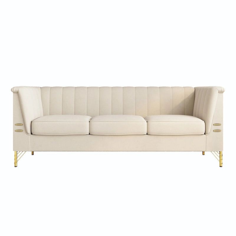 Divano Chesterfield in velluto da 210 cm – Cuscini a molla ad alto rimbalzo, gambe in metallo dorato, borse seduta rimovibili