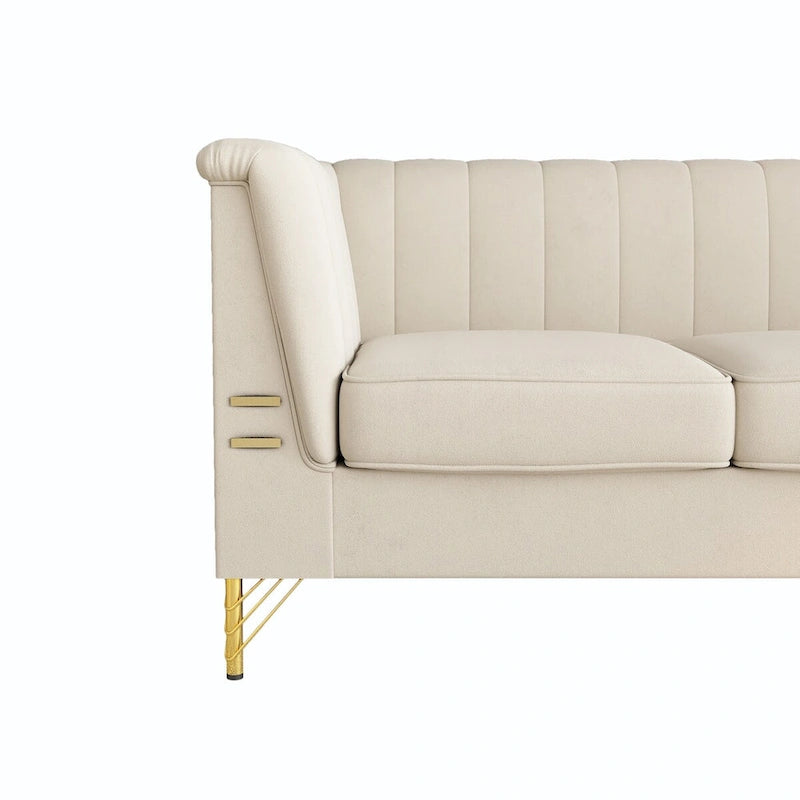 Divano Chesterfield in velluto da 210 cm – Cuscini a molla ad alto rimbalzo, gambe in metallo dorato, borse seduta rimovibili
