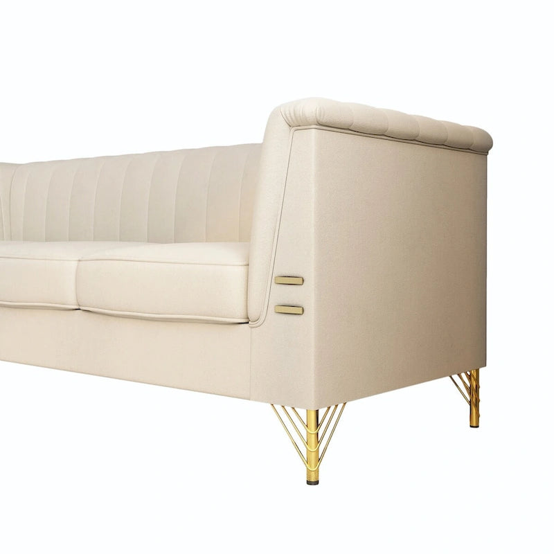 Divano Chesterfield in velluto da 210 cm – Cuscini a molla ad alto rimbalzo, gambe in metallo dorato, borse seduta rimovibili