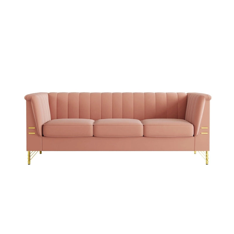 Divano Chesterfield in velluto da 210 cm – Cuscini a molla ad alto rimbalzo, gambe in metallo dorato, borse seduta rimovibili