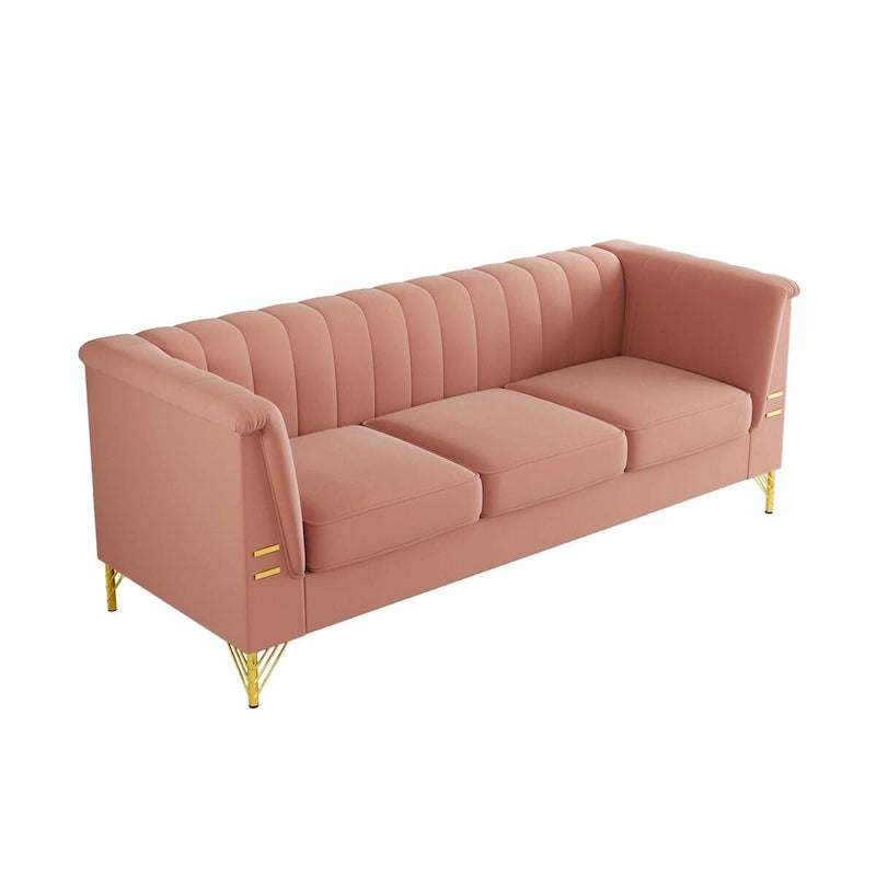 Divano Chesterfield in velluto da 210 cm – Cuscini a molla ad alto rimbalzo, gambe in metallo dorato, borse seduta rimovibili