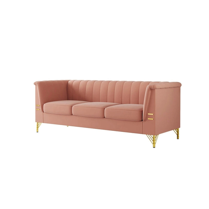 Divano Chesterfield in velluto da 210 cm – Cuscini a molla ad alto rimbalzo, gambe in metallo dorato, borse seduta rimovibili