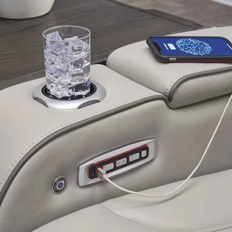 Divano reclinabile elettrico grigio con massaggio ad aria, sedili riscaldati e ricarica USB
