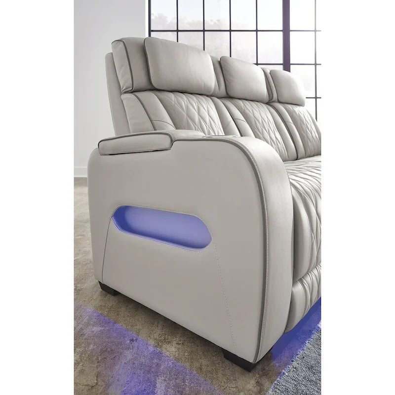 Divano reclinabile elettrico grigio con massaggio ad aria, sedili riscaldati e ricarica USB