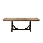 Tavolo da pranzo allungabile in legno massello da 172 cm con base a cavalletto decorata – Stile transizionale, Marrone