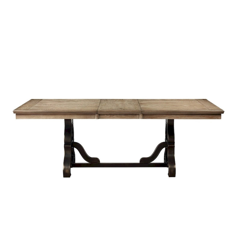 Tavolo da pranzo allungabile in legno massello da 172 cm con base a cavalletto decorata – Stile transizionale, Marrone