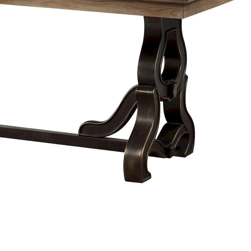 Tavolo da pranzo allungabile in legno massello da 172 cm con base a cavalletto decorata – Stile transizionale, Marrone