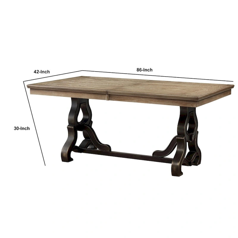 Tavolo da pranzo allungabile in legno massello da 172 cm con base a cavalletto decorata – Stile transizionale, Marrone