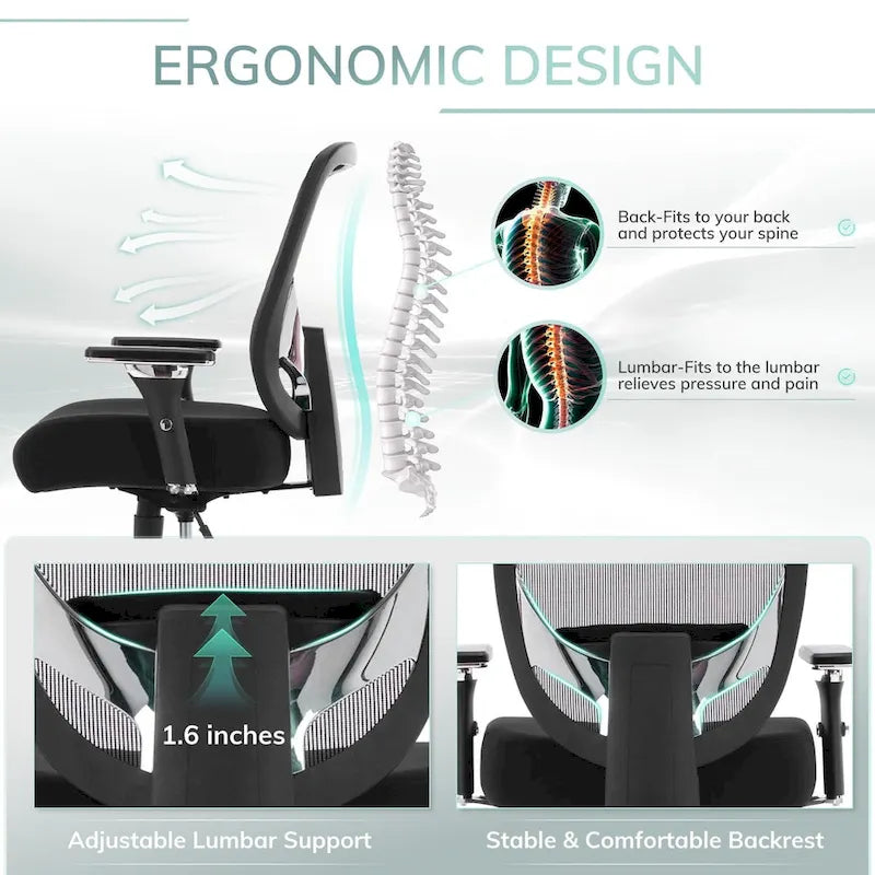 Sedia da ufficio ergonomica in rete per persone robuste e alte – 225 kg, braccioli 4D, reclinazione a 135°, certificata SGS e BIFMA