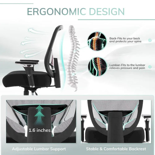 Sedia da ufficio ergonomica in rete per persone robuste e alte – 225 kg, braccioli 4D, reclinazione a 135°, certificata SGS e BIFMA