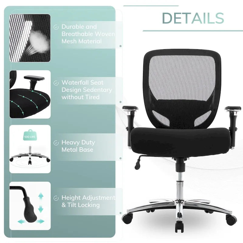 Sedia da ufficio ergonomica in rete per persone robuste e alte – 225 kg, braccioli 4D, reclinazione a 135°, certificata SGS e BIFMA