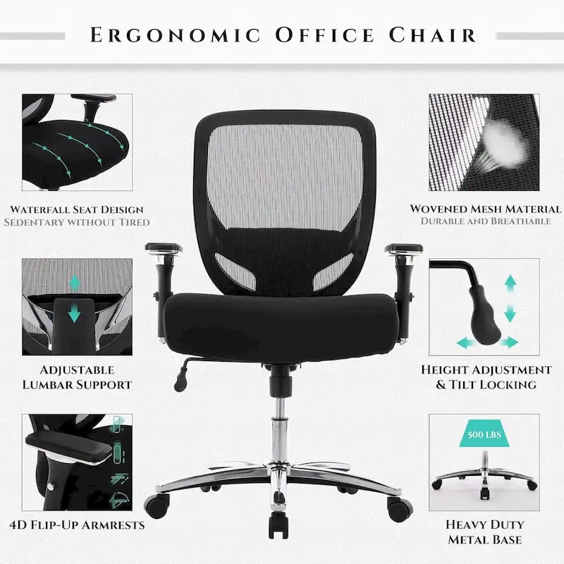 Sedia da ufficio ergonomica in rete per persone robuste e alte – 225 kg, braccioli 4D, reclinazione a 135°, certificata SGS e BIFMA