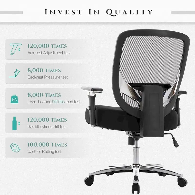 Sedia da ufficio ergonomica in rete per persone robuste e alte – 225 kg, braccioli 4D, reclinazione a 135°, certificata SGS e BIFMA