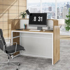 Reception Desk moderno con striscia luminosa a LED – 2 fori passacavo, pannelli laterali alti, venatura del legno bianca