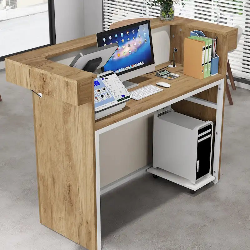 Reception Desk moderno con striscia luminosa a LED – 2 fori passacavo, pannelli laterali alti, venatura del legno bianca