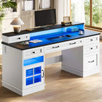 Scrivania Direzionale Rustica con Cassetti, Presa di Corrente, Luci LED e Ripiano per Monitor – Scrivania da Ufficio Domestico da 59"