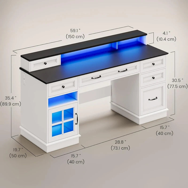 Scrivania Direzionale Rustica con Cassetti, Presa di Corrente, Luci LED e Ripiano per Monitor – Scrivania da Ufficio Domestico da 59"