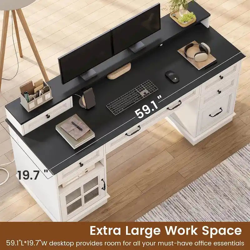 Scrivania Direzionale Rustica con Cassetti, Presa di Corrente, Luci LED e Ripiano per Monitor – Scrivania da Ufficio Domestico da 59"