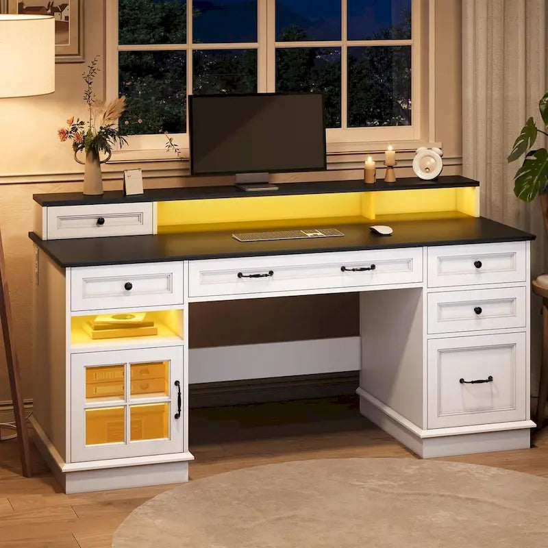 Scrivania Direzionale Rustica con Cassetti, Presa di Corrente, Luci LED e Ripiano per Monitor – Scrivania da Ufficio Domestico da 59"