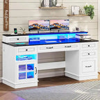 Scrivania Direzionale Rustica con Cassetti, Presa di Corrente, Luci LED e Ripiano per Monitor – Scrivania da Ufficio Domestico da 59"