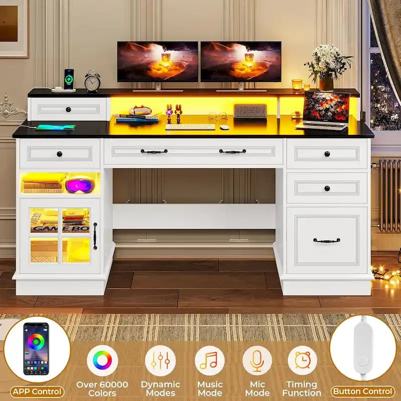 Scrivania Direzionale Rustica con Cassetti, Presa di Corrente, Luci LED e Ripiano per Monitor – Scrivania da Ufficio Domestico da 59"