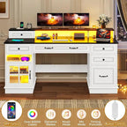 Scrivania Direzionale Rustica con Cassetti, Presa di Corrente, Luci LED e Ripiano per Monitor – Scrivania da Ufficio Domestico da 59"