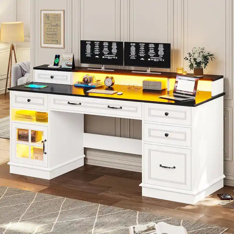 Scrivania Direzionale Rustica con Cassetti, Presa di Corrente, Luci LED e Ripiano per Monitor – Scrivania da Ufficio Domestico da 59"