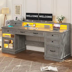 Scrivania Direzionale Rustica con Cassetti, Presa di Corrente, Luci LED e Ripiano per Monitor – Scrivania da Ufficio Domestico da 59"