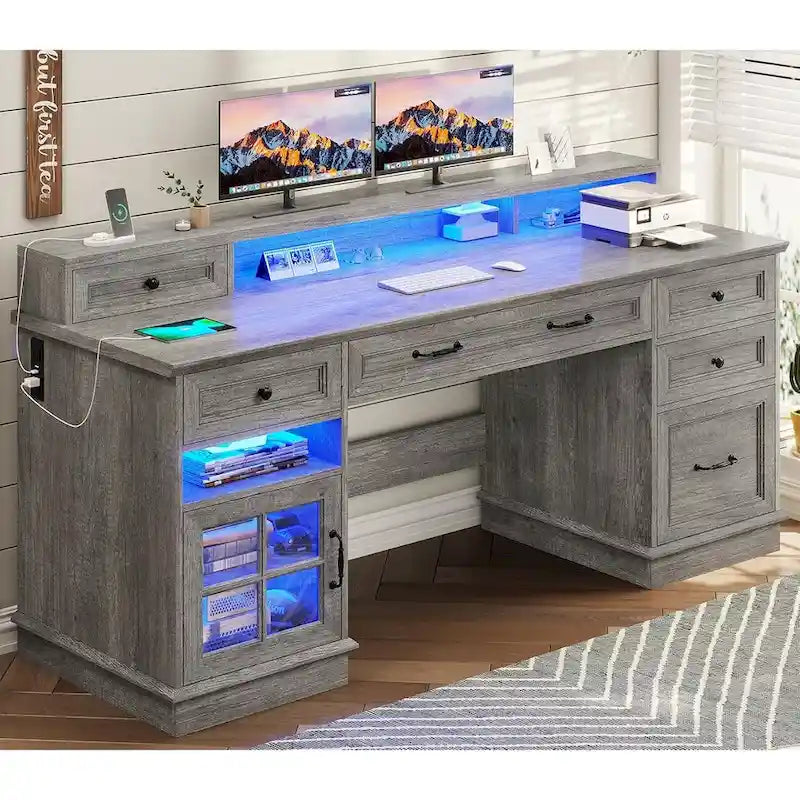 Scrivania Direzionale Rustica con Cassetti, Presa di Corrente, Luci LED e Ripiano per Monitor – Scrivania da Ufficio Domestico da 59"